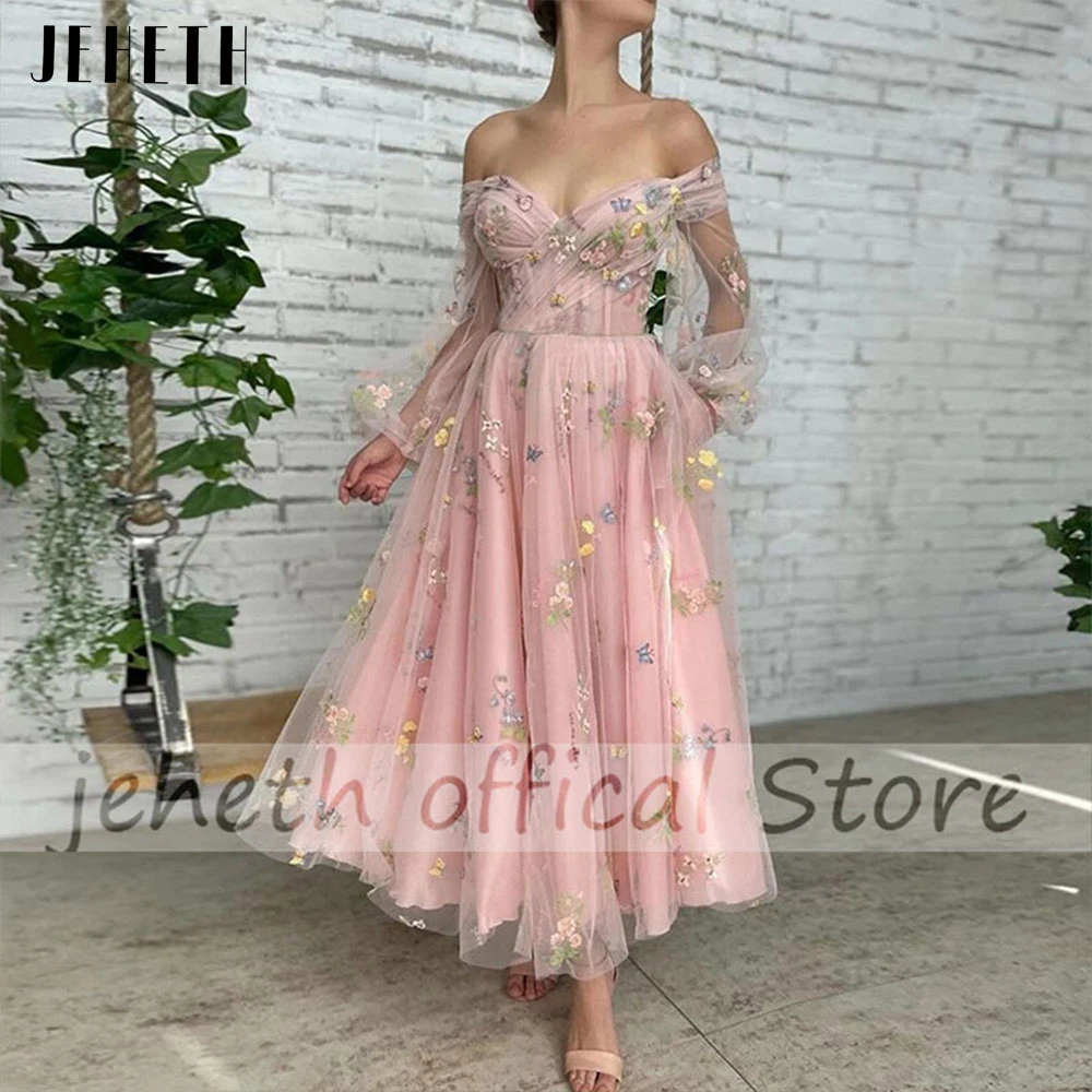 JEHETH Elegant Flower Pink Prom Dress Charming A line Pageant Sweetheart Illusion Long Sleeve Off Shoulder Evening Gowns Wome